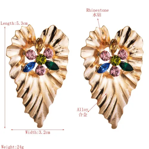Women Gold Alloy Colorful Heart Rhinestone Leaf Shape Drop Earrings F118798