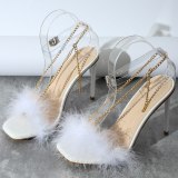 Women Sexy Fur Square Toe Chain High Heels Sandals 1412-29310