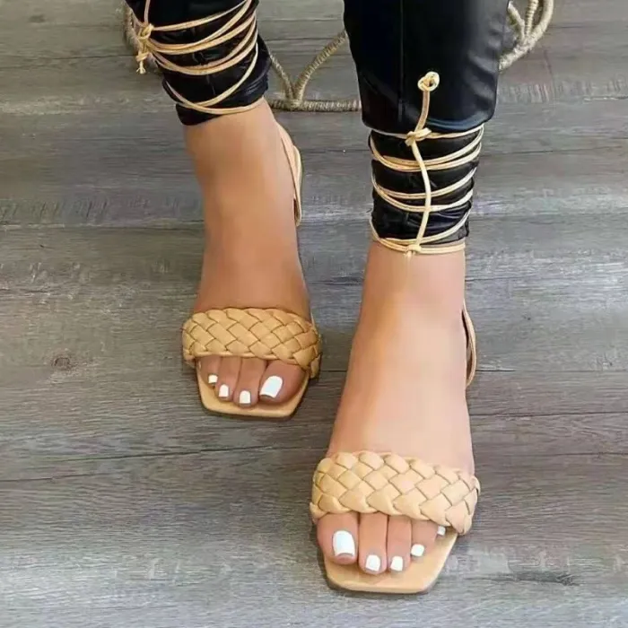 Women Woven Roman Cross Tied Black Leather Sandals 00213
