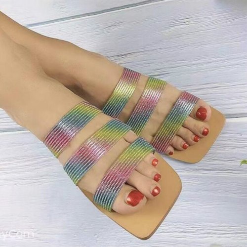 Women Summer Breathable Hollow Colorful Crystal Slippers Slides H3546