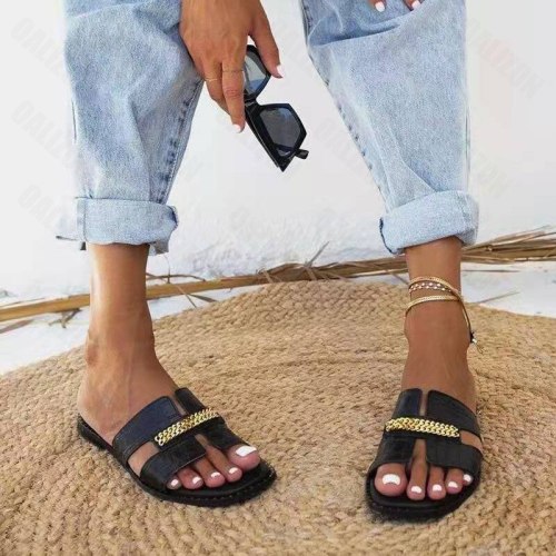 Women Flat Flip Flops Double Chain Slippers Slides 00112