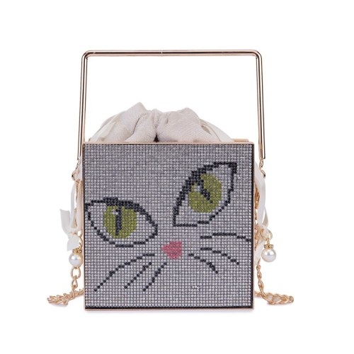 Fashion Cartoon Cat Diamond Evening Metal Handle Square Handbags 302536