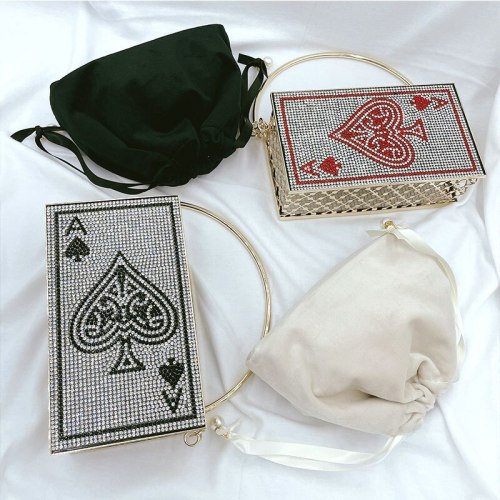 Women Party Clutch Metal Hollow Poker Diamond Handbags 302637