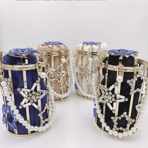 Round Pearl Hollow Out Crystal Rhinestones Star Evening Clutch Bags 362435