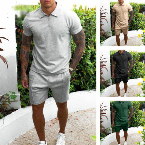 Fashion Men's Cotton Short-Sleeve Shirt Shorts 2-Piece Sets DL5423-45