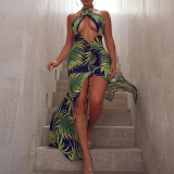 Women Sexy Sleeveless Print Halter Front Cutout Slit Dress Dresses LZR905667