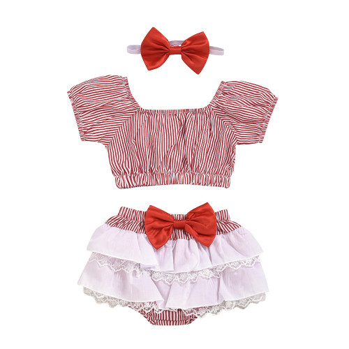 Summer Sweet Red Stripe Short Sleeve Three Pieces Baby Girls Clothes Sets LY2536