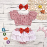 Summer Sweet Red Stripe Short Sleeve Three Pieces Baby Girls Clothes Sets LY2536