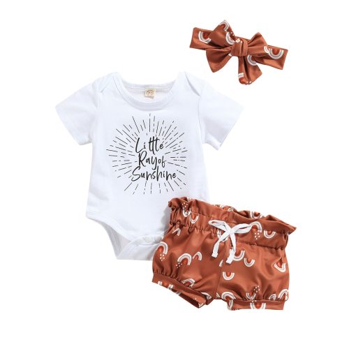 3 Pcs Summer Letter Print  Romper + Rainbow Pattern Shorts with Drawstring + Headband L53344