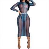 New Sexy Women Snake Print Long Sleeve Dress Dresses 818596