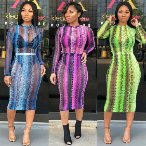 New Sexy Women Snake Print Long Sleeve Dress Dresses 818596