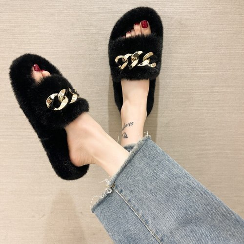 Gold Chain Women Fashion Faux Fur Slippers Slides 2233