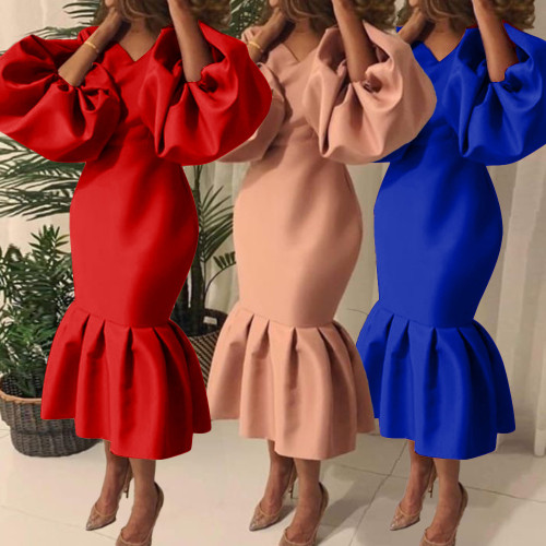 Solid Color V-Neck Bubble Long-Sleeve Evening Dress Dresses D11526T