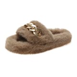 Gold Chain Women Fashion Faux Fur Slippers Slides 2233