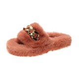 Gold Chain Women Fashion Faux Fur Slippers Slides 2233