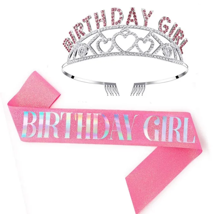 Birthday Girl Sash and Rhinestone Crown Set - Birthday Party Supplies JQ-40516