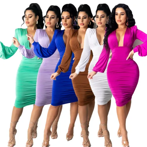Women Solid Full Puff Sleeve Zipper V-neck Stacked Dresses Sm15869