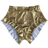 Metallic Bright PU Leather Booty Shorts for Women Summer Sexy Club High Waisted Gold Ruffle Shorts  F16071