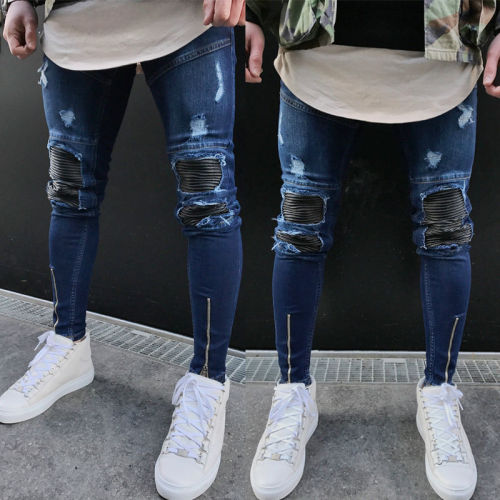 Fashion Men's Washed Ripped Destroyed Jeans Biker Pants