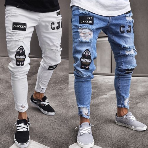 Men Badge Jeans Knee Holes Zipper Feet Holes Denim Pant Pants