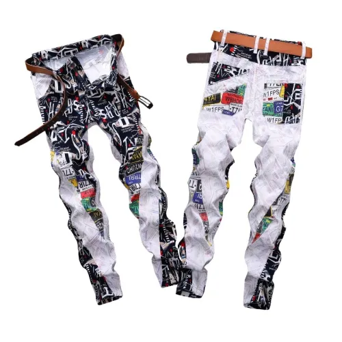 Men's Elastic Slim Straight Print Jeans Pants TS403647