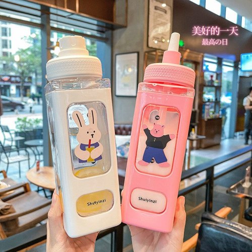 School Water Cups For Kids Transparent Adult Square Plastic Water Bottle