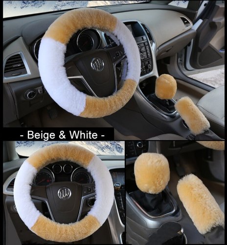 3PCS Short Fur Steering Wheel Cover Set Real Sheepskin 66677