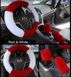 3PCS Short Fur Steering Wheel Cover Set Real Sheepskin 66677