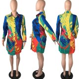 Women Long Sleeve Button Up Turn-down Printed Shirt Dress Tops QY5079810