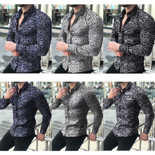 Men Spring Vintage Floral Printed Long Sleeve Shirts Tops CS1627