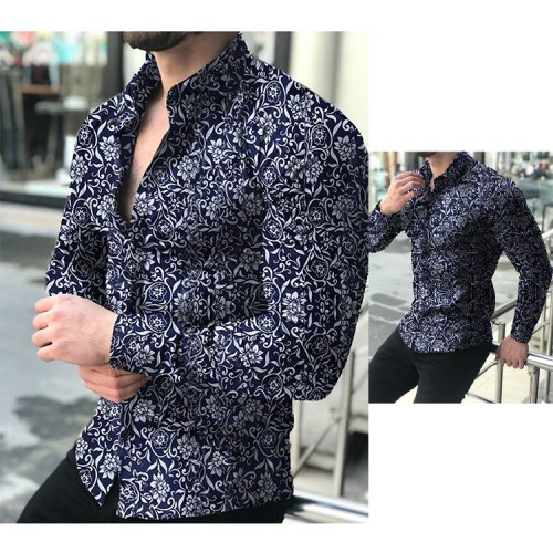 Men Spring Vintage Floral Printed Long Sleeve Shirts Tops CS1627