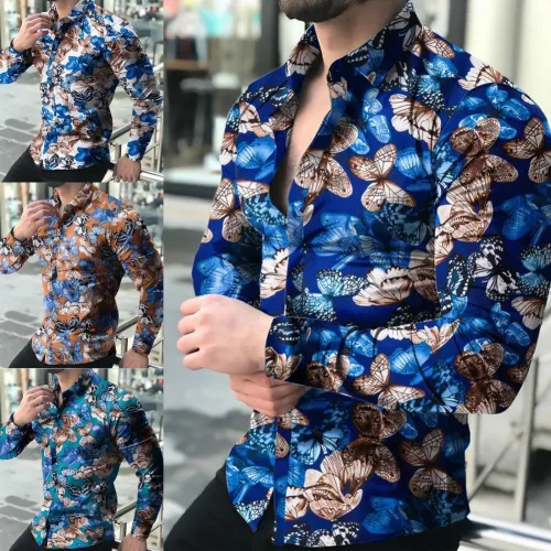 Fashion Butterfly Print Button Men's Long-Sleeve Shirts Tops CS0516