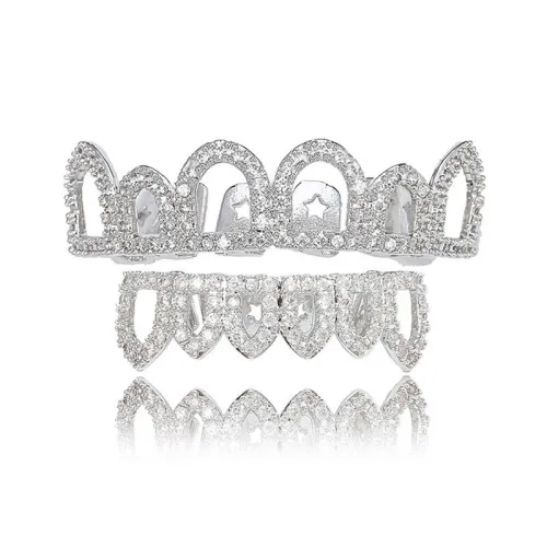 Hollow Out Teeth Grillz AAA Zircon Top & Bottom Tooth Socket BESYT04859