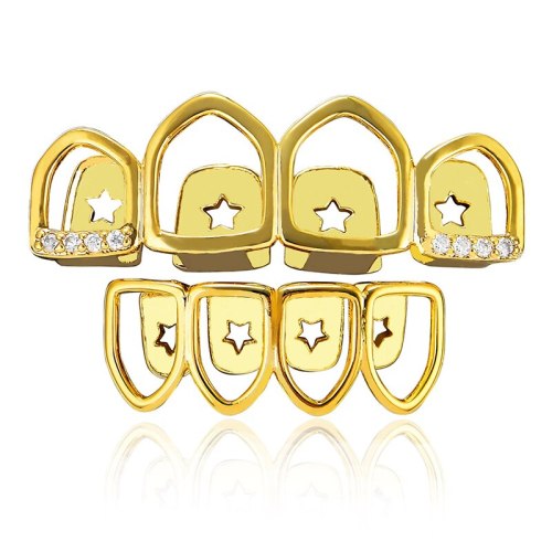 Hip Hop Braces Grill Set Gold Plated Four Full Open Face Tooth Socket