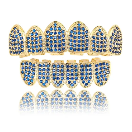 Hip Hop Iced Out AAA Blue Zircon Women Tooth Socket