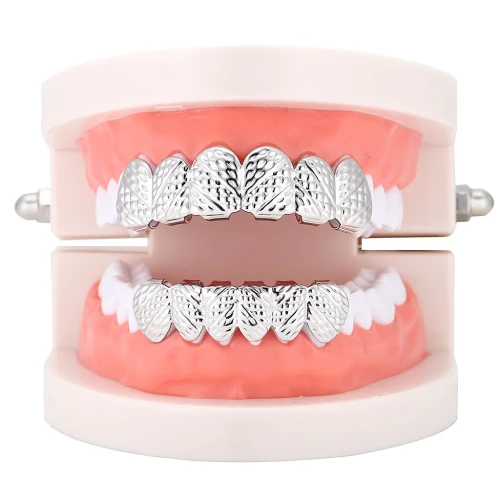 Golden Hip-Hop Teeth Grill Top and Bottom Carved Toooth Socket