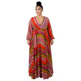 Women Print V Neck Long Sleeve Beach Dress Dresses D5500-D551122