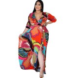 Women Full Sleeve V Neck Summer Beach Print Dress Dresses D111223