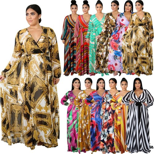 Women Print V Neck Long Sleeve Beach Dress Dresses D5500-D551122