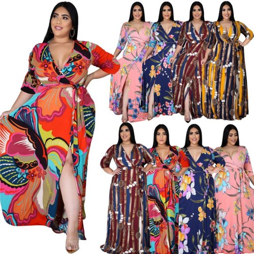 Women Full Sleeve V Neck Summer Beach Print Dress Dresses D111223