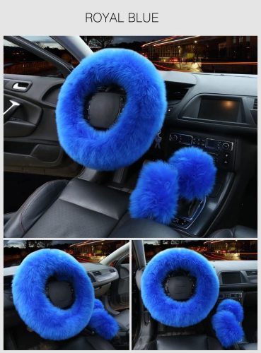 Women Winter Warm Plush Fuzzy Car Steering Wheel Cover 3Pcs Set 0089910