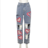 Women High Waist Straight Jeans Hollow Out Hole Print Pant Pants W21P02349510
