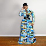 Women Long Sleeve Elegant Vintage Striped Printed Dresses MM212839