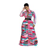 Women Long Sleeve Elegant Vintage Striped Printed Dresses MM212839