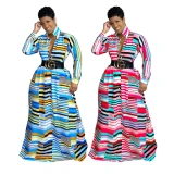 Women Long Sleeve Elegant Vintage Striped Printed Dresses MM212839