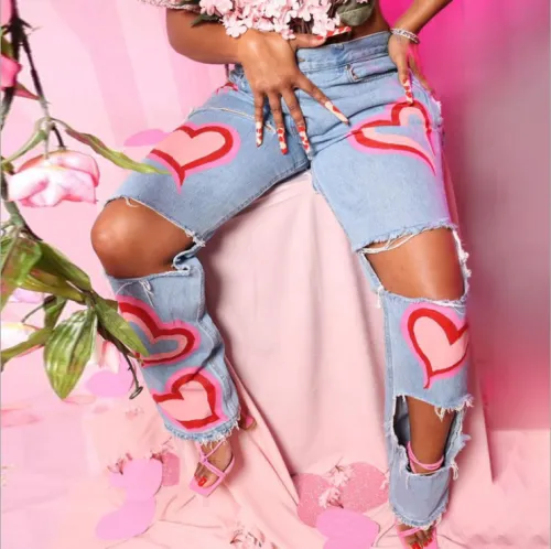 Women High Waist Straight Jeans Hollow Out Hole Print Pant Pants W21P02349510