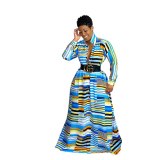 Women Long Sleeve Elegant Vintage Striped Printed Dresses MM212839