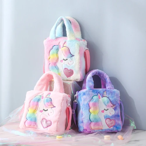 Soft Plush Unicorn Cartoon Children Coin Messenger Handbags XW-13748