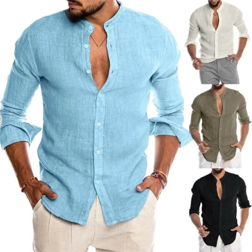 Men's Blouse Long Sleeve Cotton Linen Shirt Loose Tops