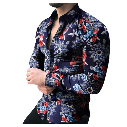 Men Red Rose Slim Fit Long Sleeve Shirt Tops CS2334